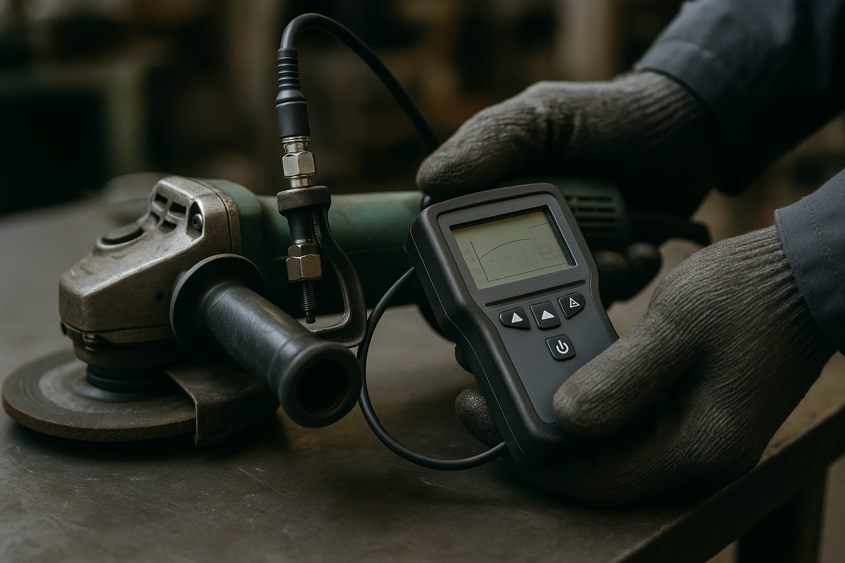 A vibration meter measuring the hand-arm vibration of a handheld angle grinder
