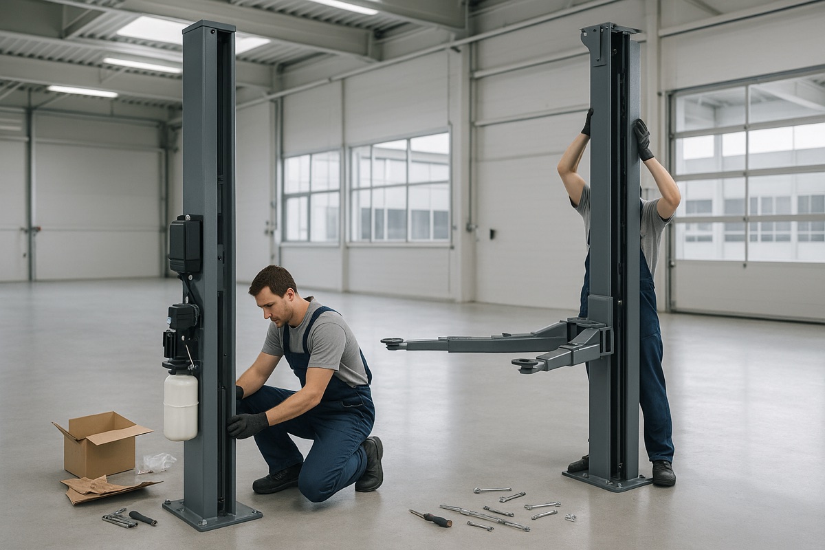 Engineers installing a two-post vehicle lift in a workshop