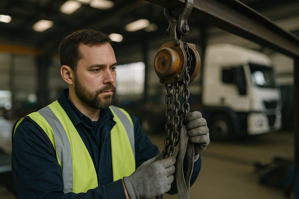 A CES engineer in hi-vis inspecting a chain hoist and lifting sling in a workshop