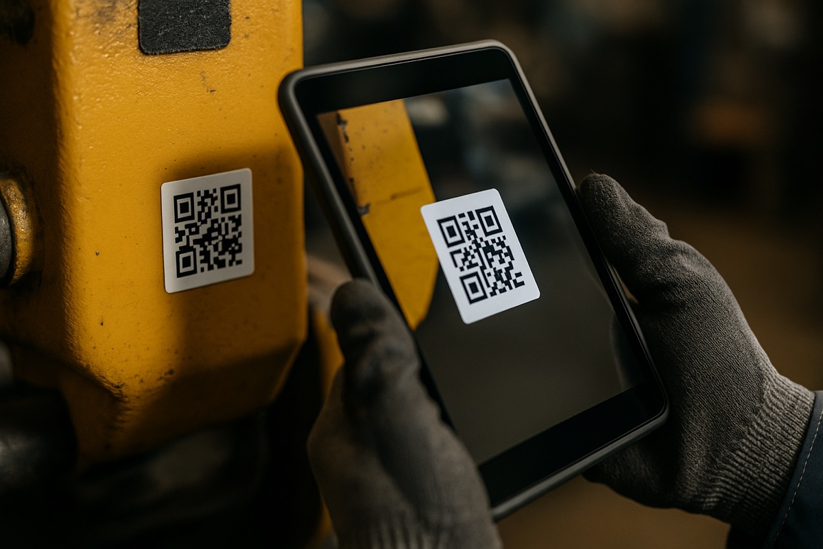 An engineer scanning a QR-coded asset tag on workshop equipment with a tablet