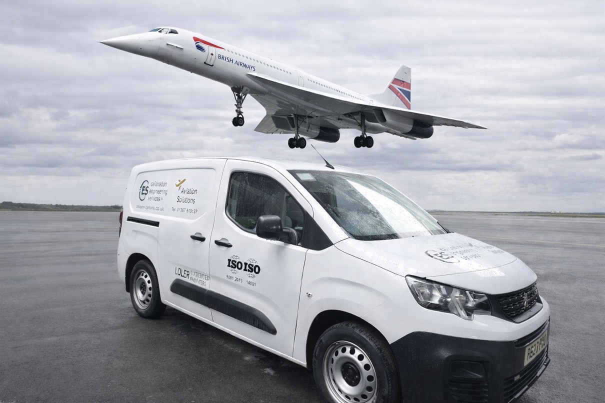 A CES service van parked beside an aircraft on the apron